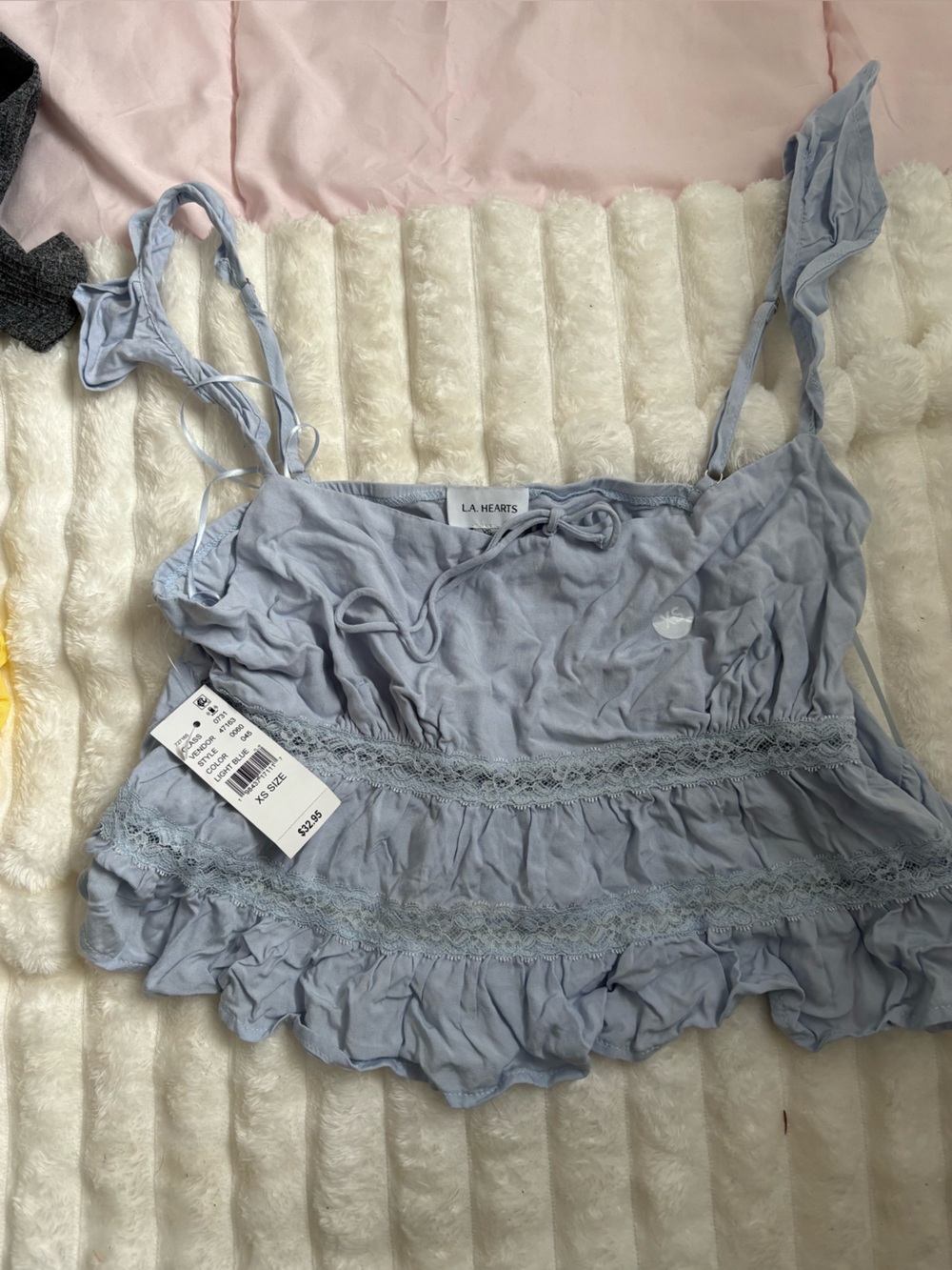 La Hearts Pale Blue Lace-Trim Ruffle Cropped Cami